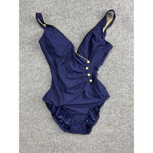 Longitude Swimsuit Womens 10 Tall Blue One Piece Tank V Neck Button Ruched Lined